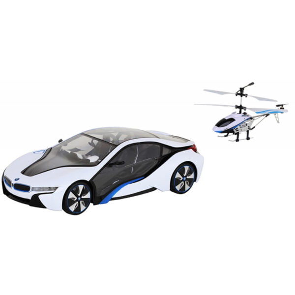 BMW I8 Speed Twins Branco Escala 1/14 R/C - Rastar 70400 + Helicóptero