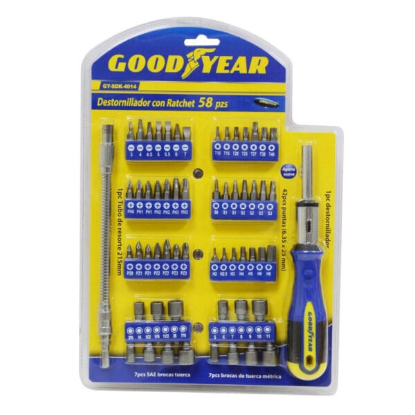 Jogo de Chaves de Fenda com Catraca Goodyear GY-SDK-4014 Chrome Vanadium 58 Peças