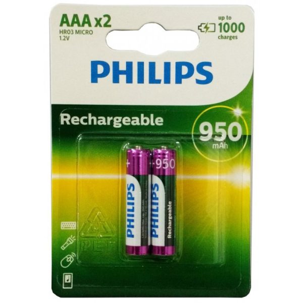 Pilha Recarregável AAA Philips R03B2A95/97 950mAh (2 Unidades)