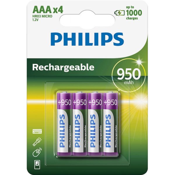 Pilha Recarregável AAA Philips R03B4A95/97 950mAh (4 Unidades)