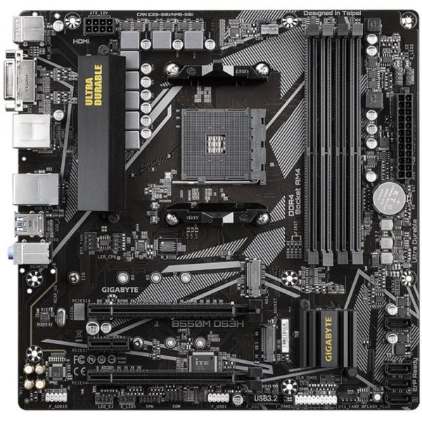 Placa Mãe Gigabyte B550M DS3H AM4/4xDDR4/PCI-Ex16/HDMI/DVI-D/USB 3.2/M.2/mATX